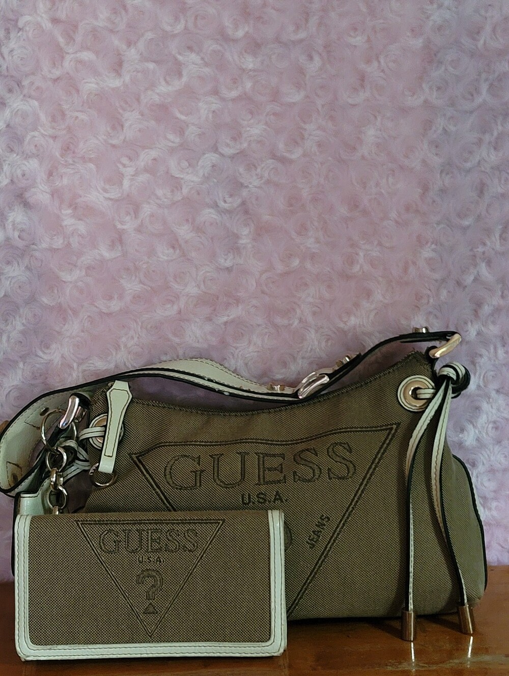 GUESS Olive Canvas Shoulder Bag with White Trim and Matching Wallet